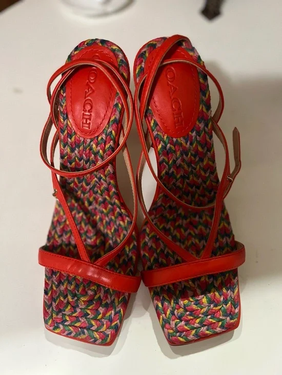 Coach Red Strappy Heels with Multicolor Woven Inlay Size 8 - Picture 4 of 6